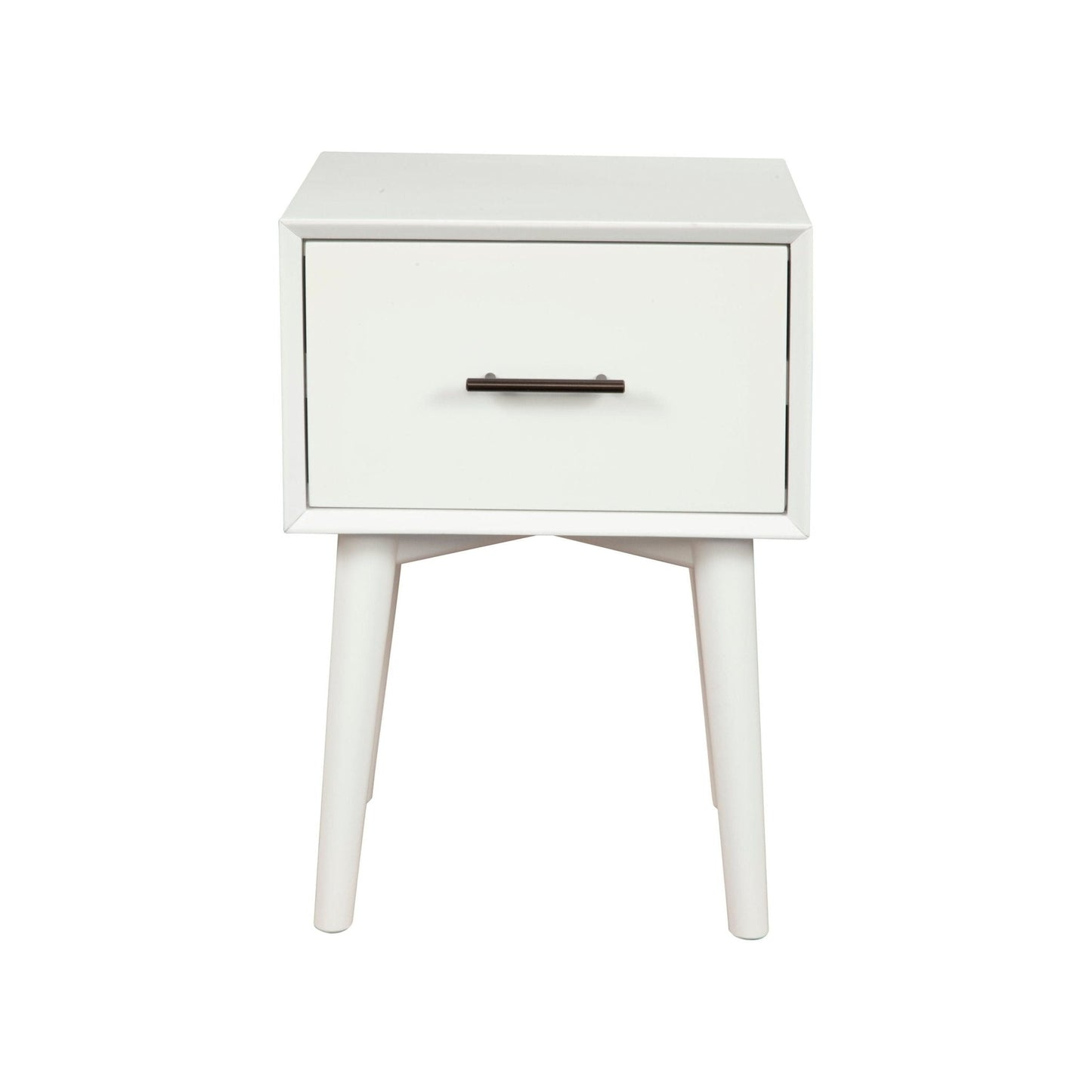 Flynn End Table in white with drawer and tapered legs, showcasing Mid-Century modern design.