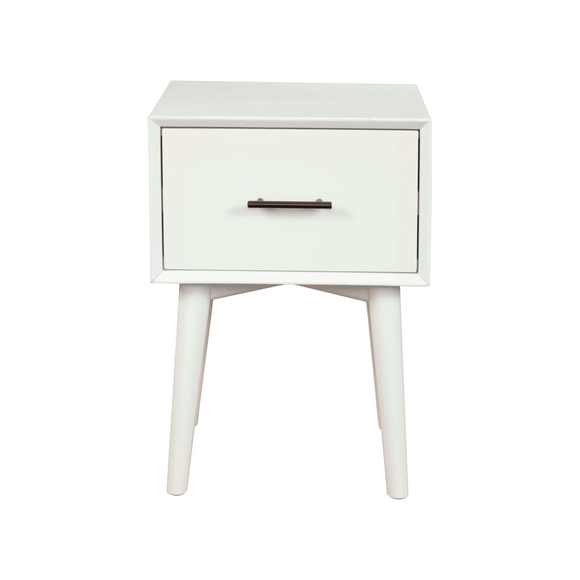 Flynn End Table in white with drawer and tapered legs, showcasing Mid-Century modern design.