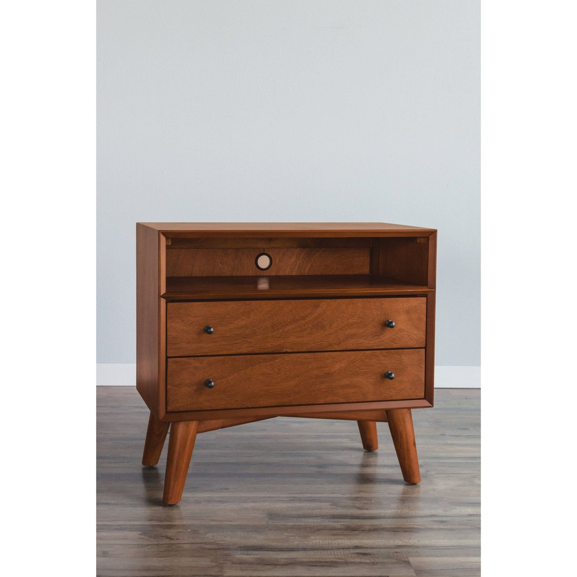 Flynn Large Nightstand in Chestnut finish with two drawers and open shelf, showcasing Mid-Century Modern design.