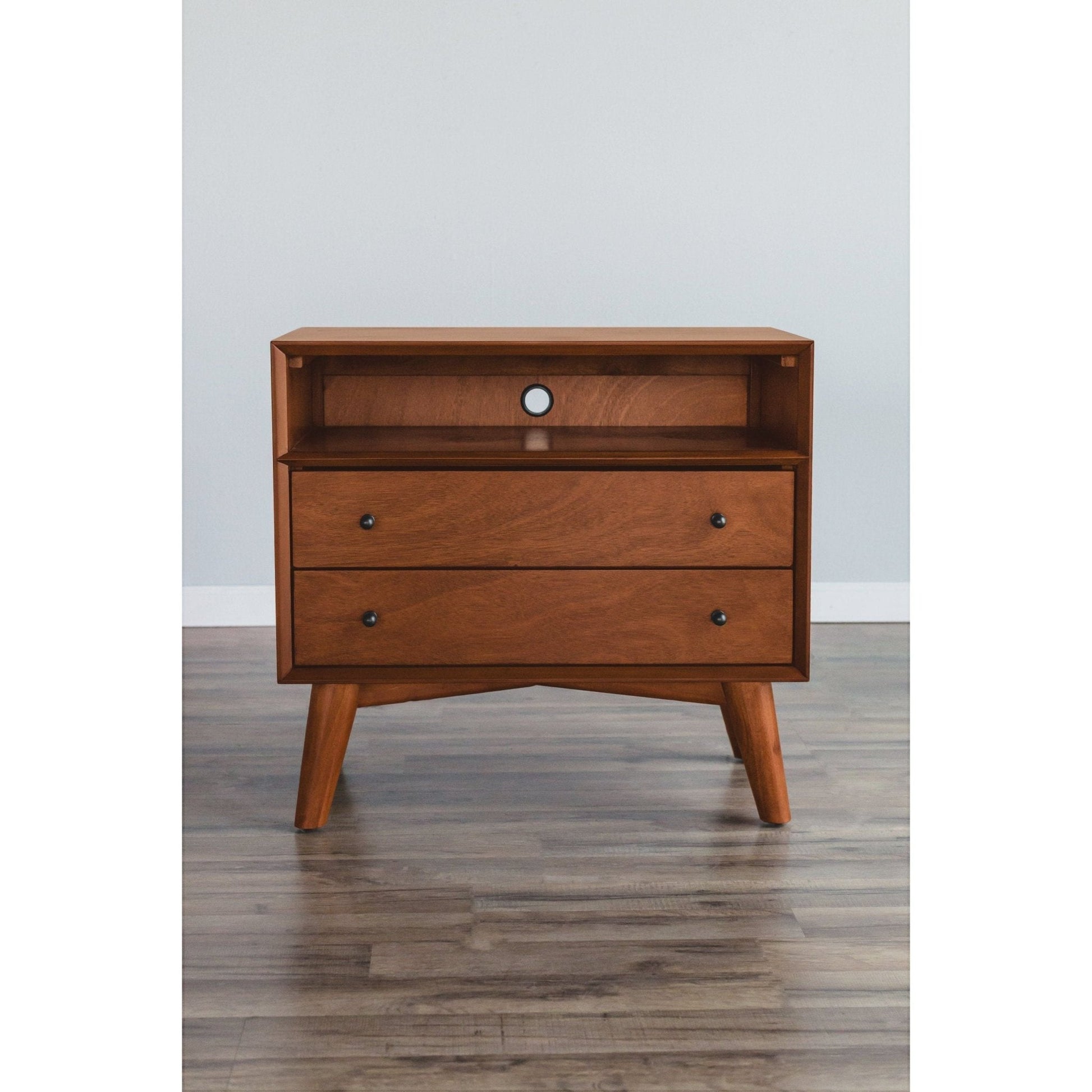 Flynn Large Nightstand in chestnut finish with two drawers and sharp-angled silhouette.