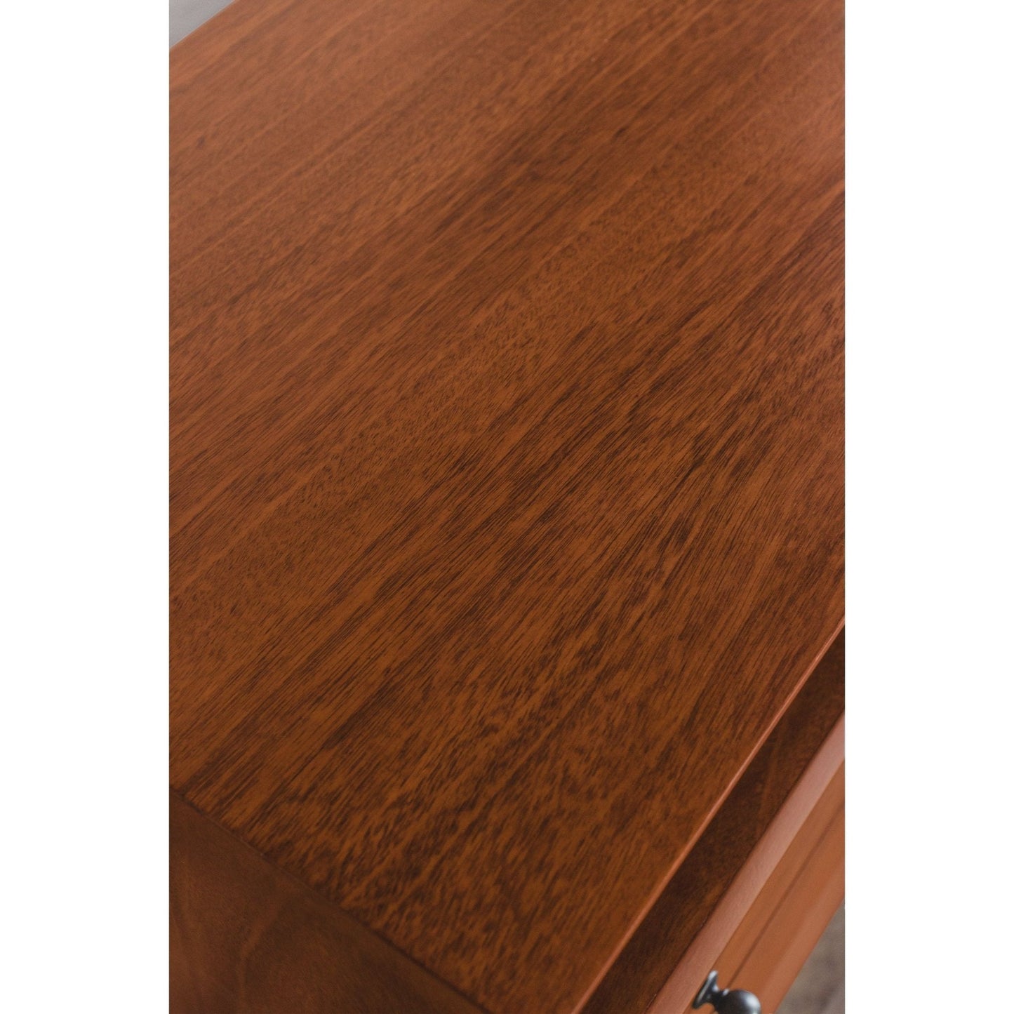 Flynn Large Nightstand surface detail showcasing rich chestnut finish and smooth texture.