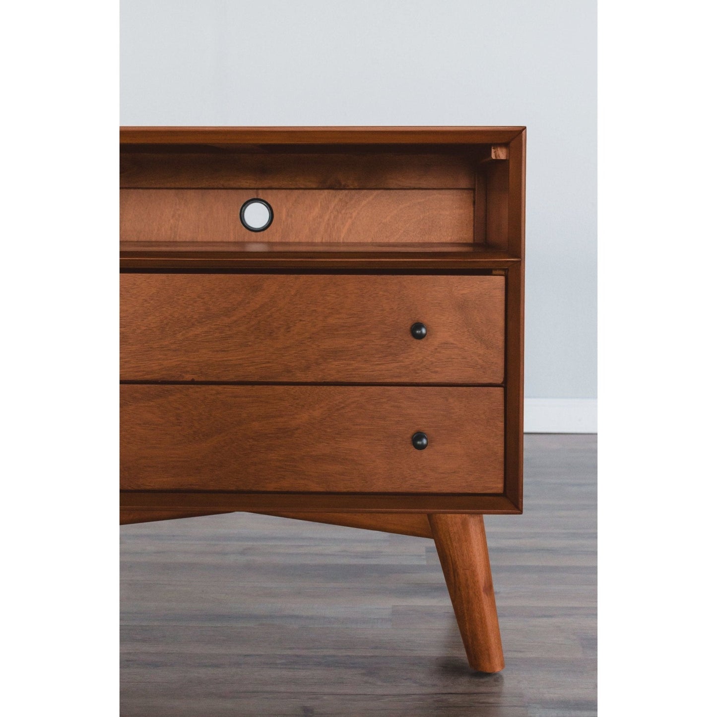 Flynn Large Nightstand in Chestnut finish showcasing clean lines and splayed legs for Mid-Century Modern style.