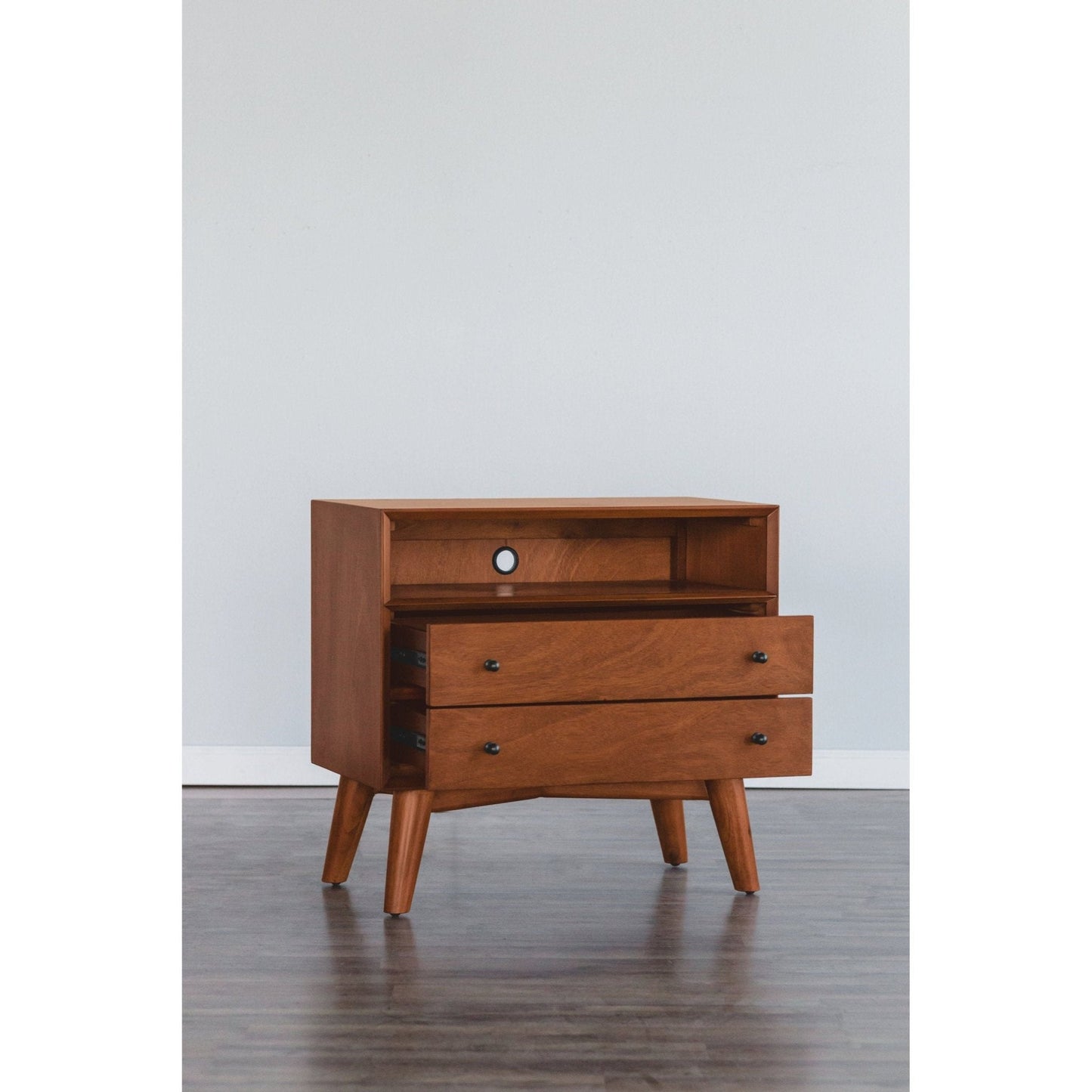 Flynn Large Nightstand in chestnut finish showcasing two drawers and an open shelf, perfect for Mid-Century Modern decor.