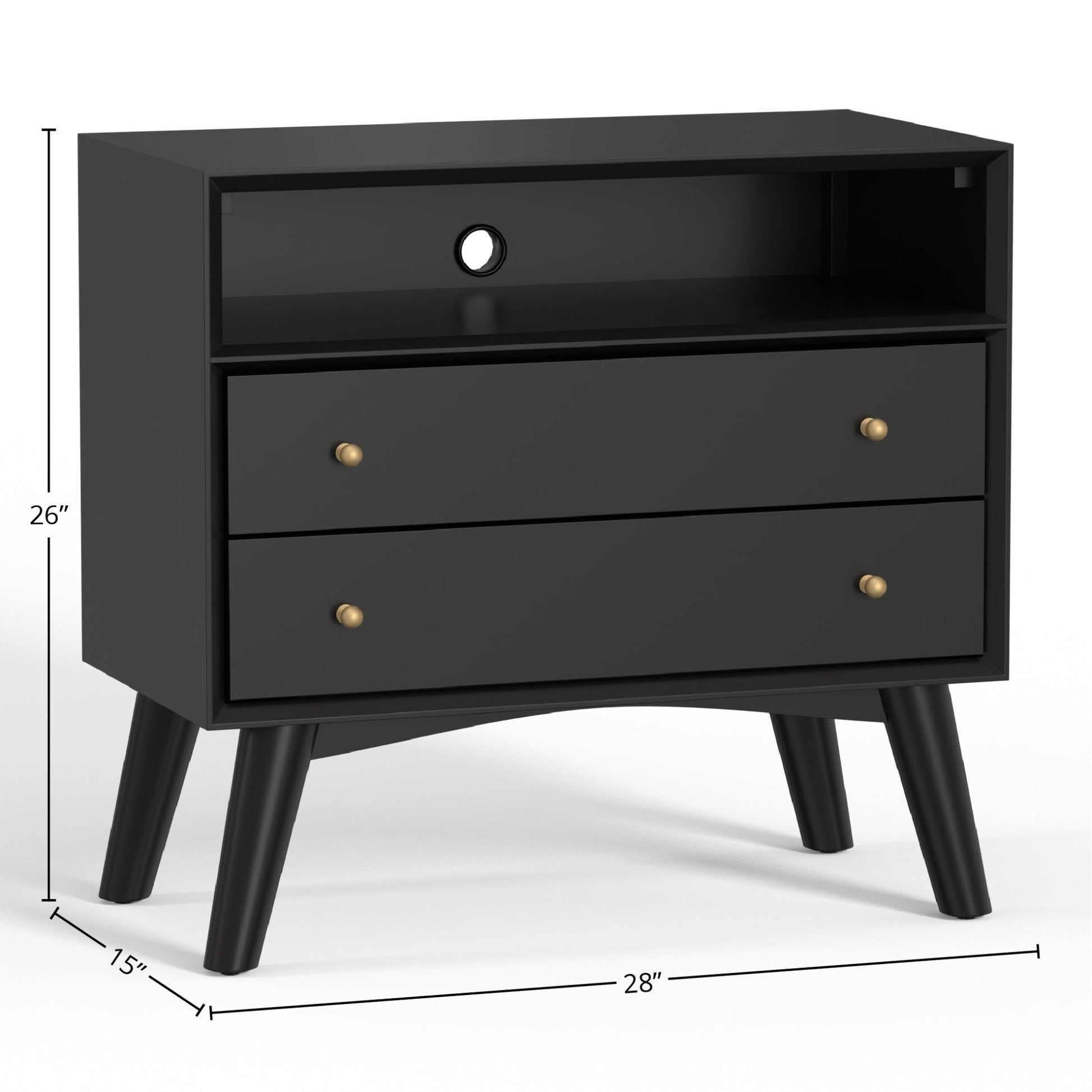 Flynn Large Nightstand in black with two drawers and splayed legs, showcasing Mid-Century Modern design.