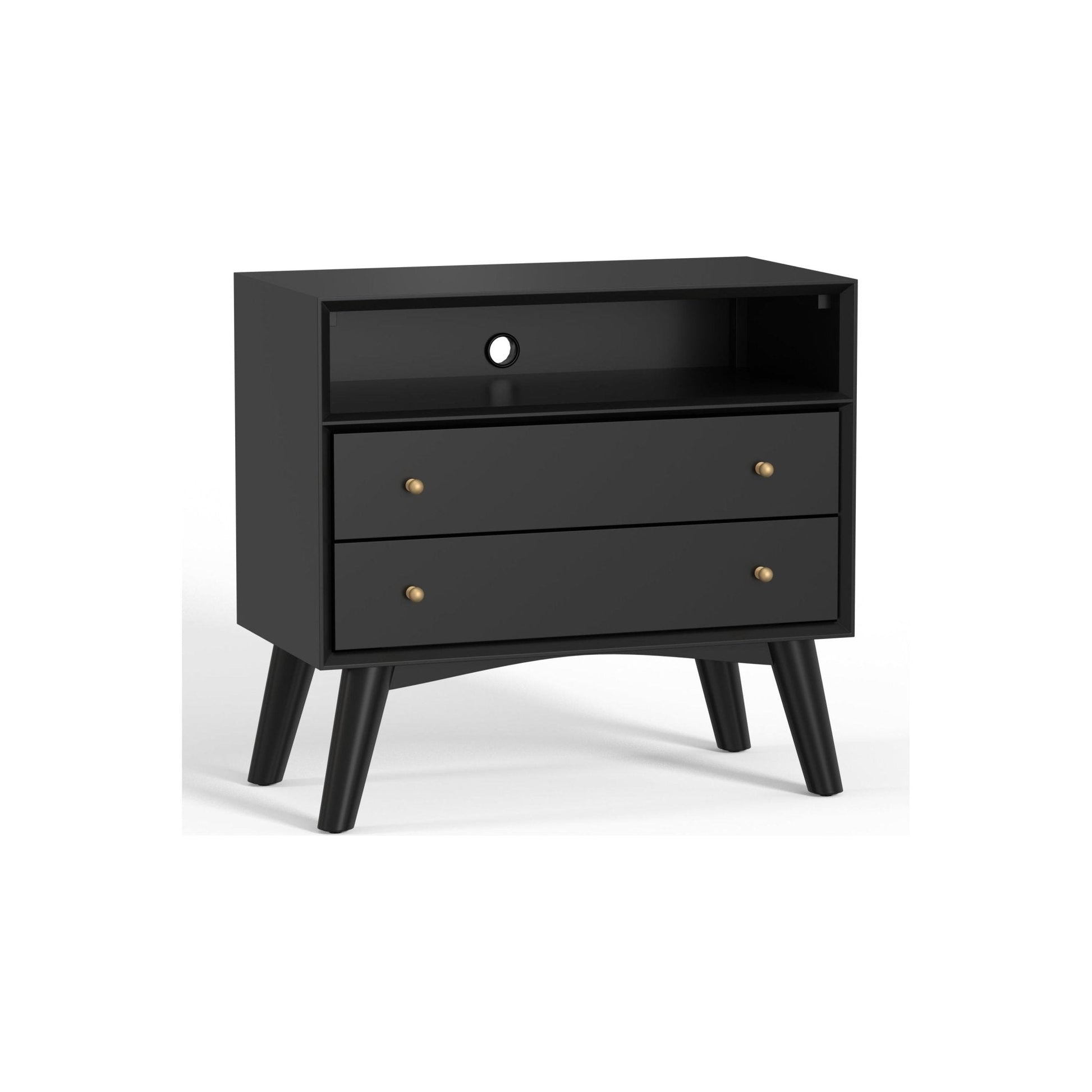 Flynn Large Nightstand in black with two drawers and an open shelf, featuring Mid-Century Modern design.