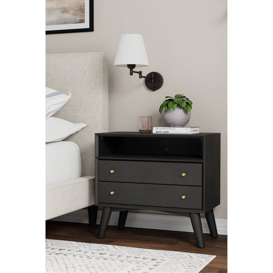 Flynn Large Nightstand in black with angled legs and two drawers, styled in a modern bedroom setting.