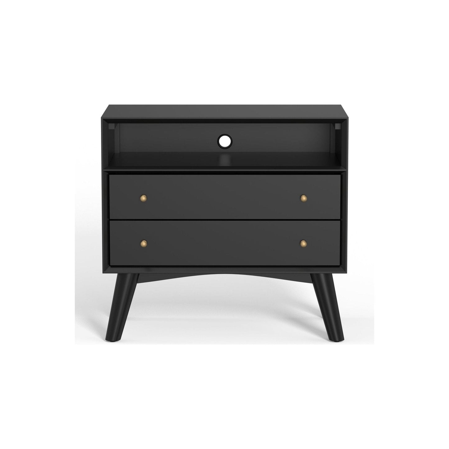 Flynn Large Nightstand in black with two drawers and splayed legs, showcasing a Mid-Century Modern design.