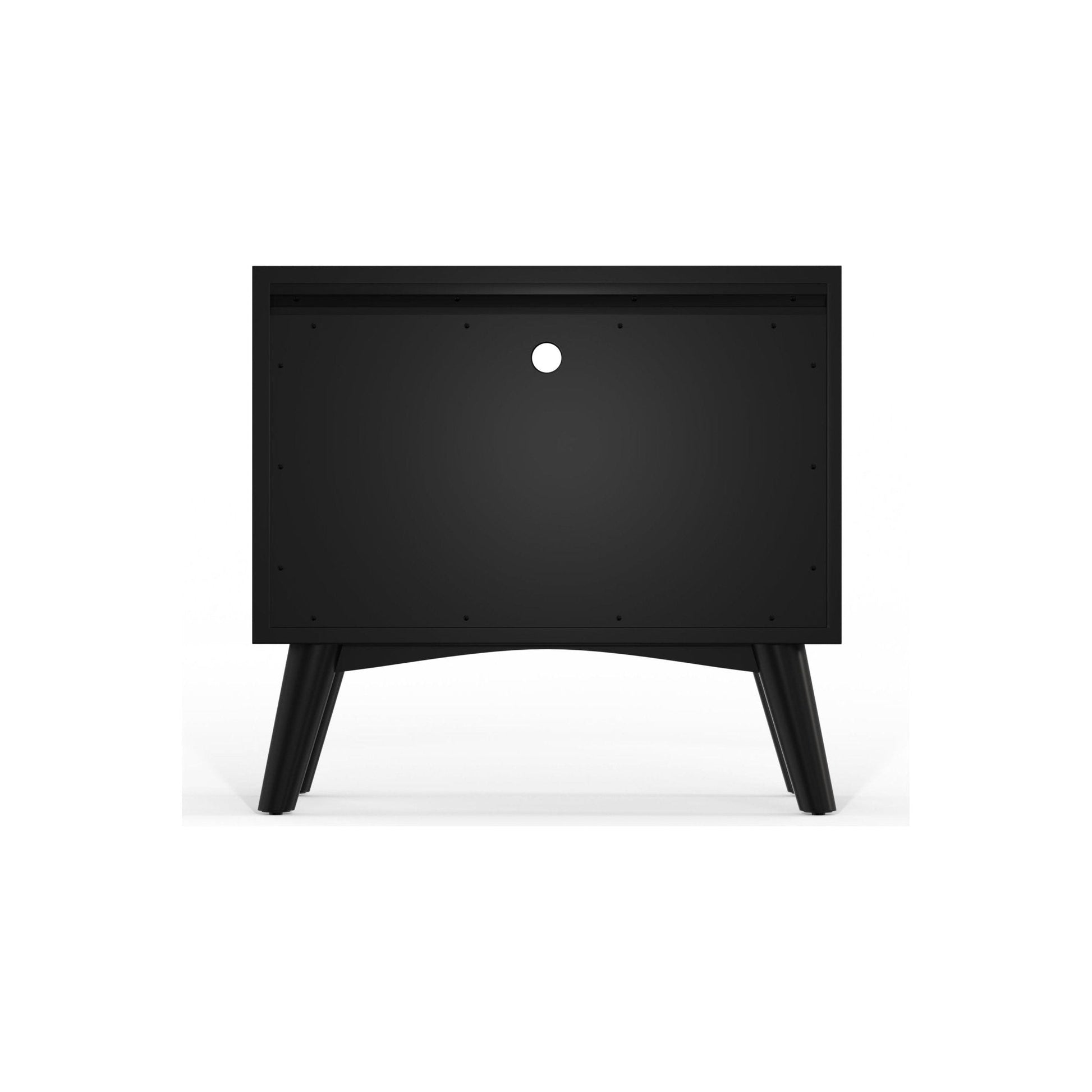 Flynn Large Nightstand in black featuring splayed legs and clean silhouette, perfect for Mid-Century Modern interiors.