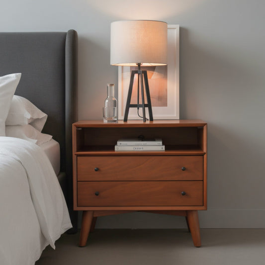 Flynn Large Nightstand in Chestnut finish with minimalist design, featuring two drawers and a modern lamp.