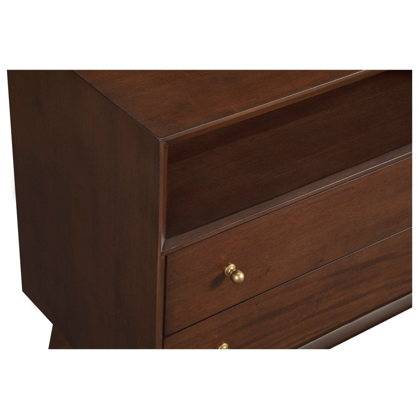 Flynn Large Nightstand close-up showing drawers and clean design in walnut finish.