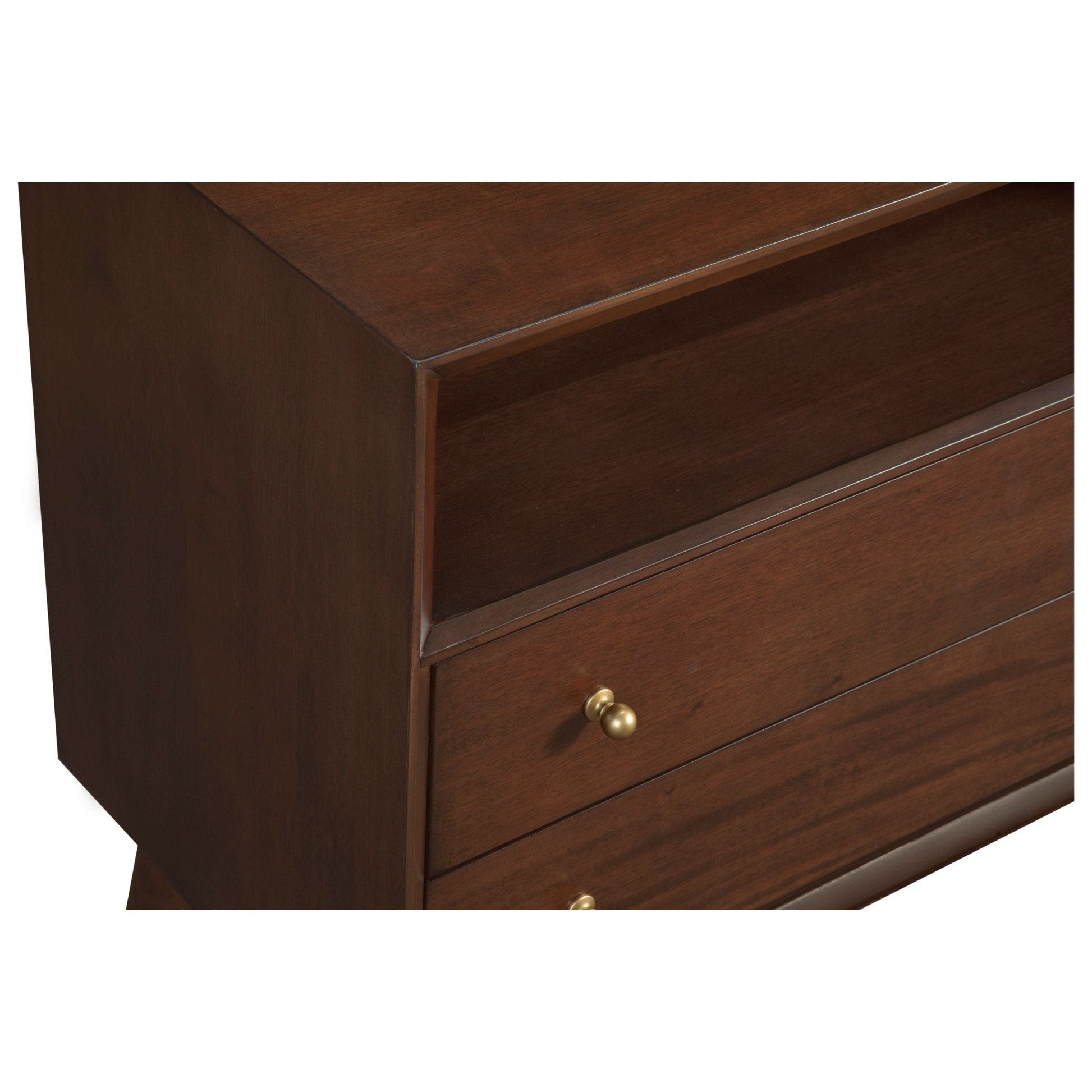 Flynn Large Nightstand close-up showing drawers and clean design in walnut finish.