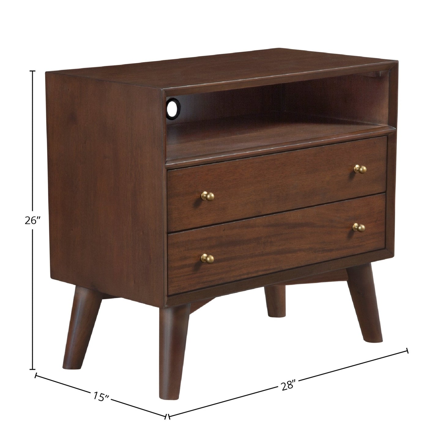 Flynn Large Nightstand in walnut finish featuring two drawers and splayed legs, ideal for Mid-Century Modern decor.