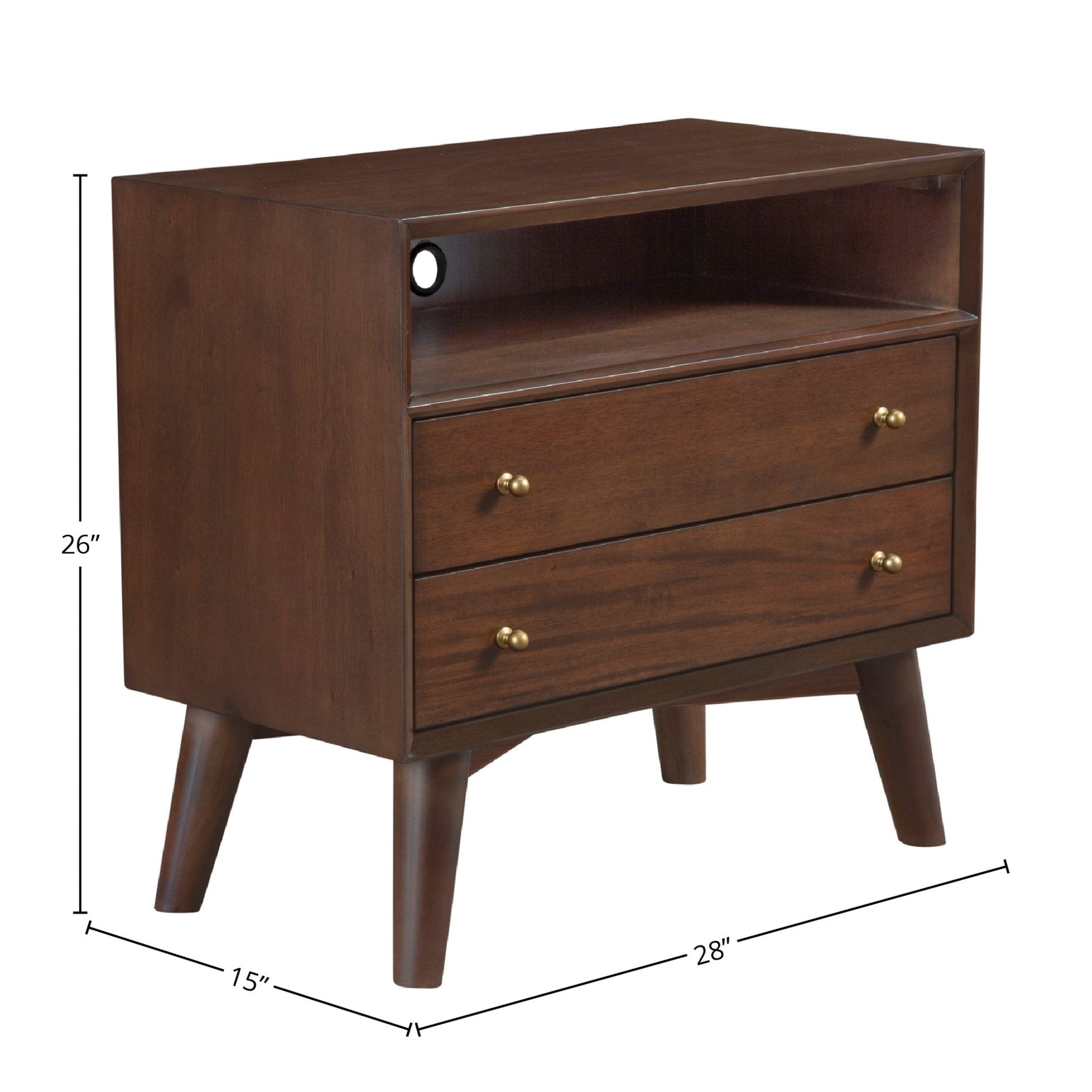 Flynn Large Nightstand in walnut finish featuring two drawers and splayed legs, ideal for Mid-Century Modern decor.