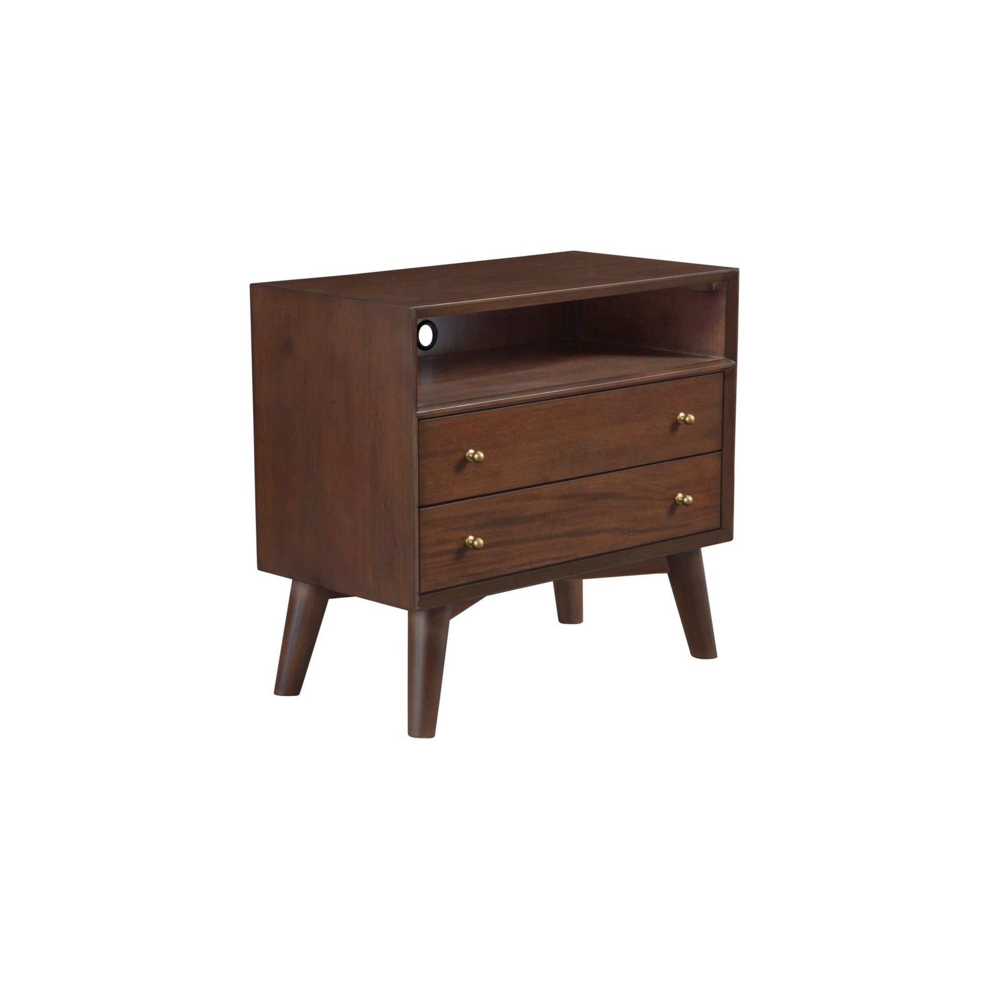 Flynn Large Nightstand in Walnut finish with two drawers and open shelf, featuring Mid-Century Modern design.