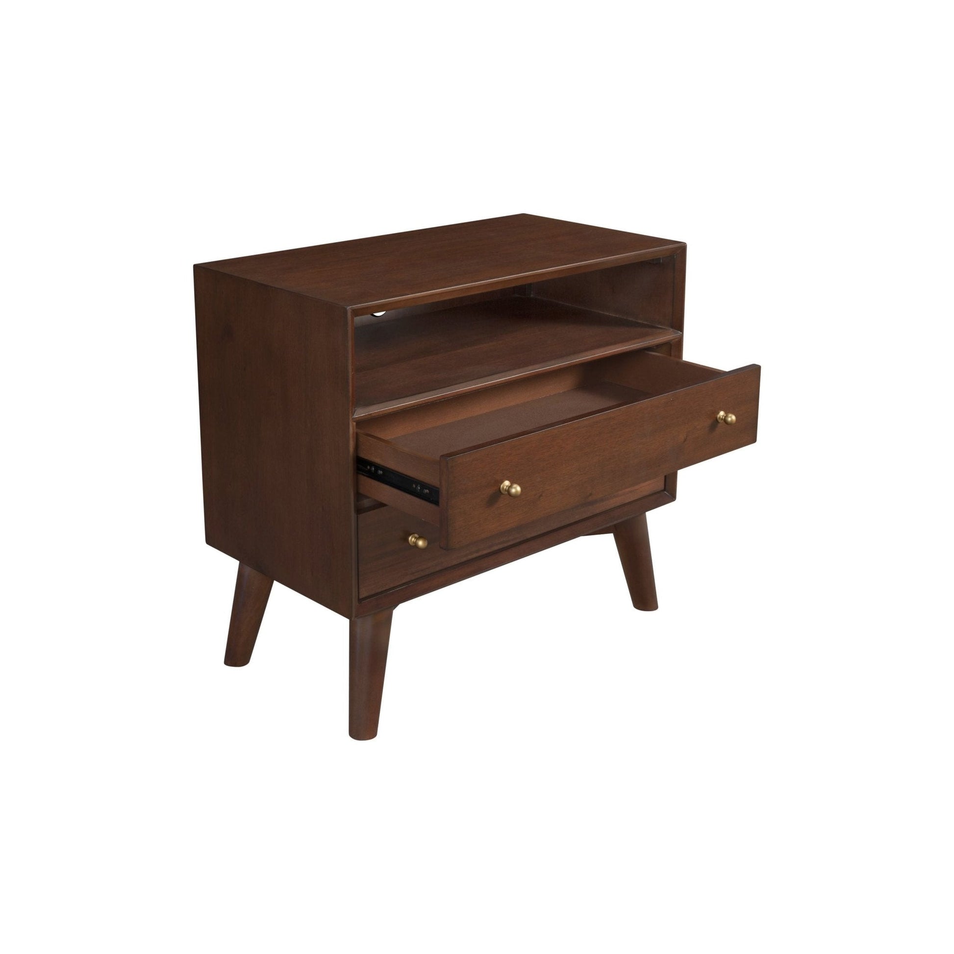 Flynn Large Nightstand in walnut wood showing one open drawer and splayed legs, perfect for Mid-Century Modern decor.