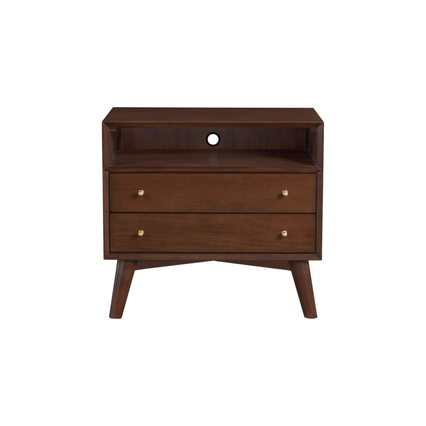Flynn Large Nightstand in walnut finish with two drawers and splayed legs, showcasing a Mid-Century Modern design.
