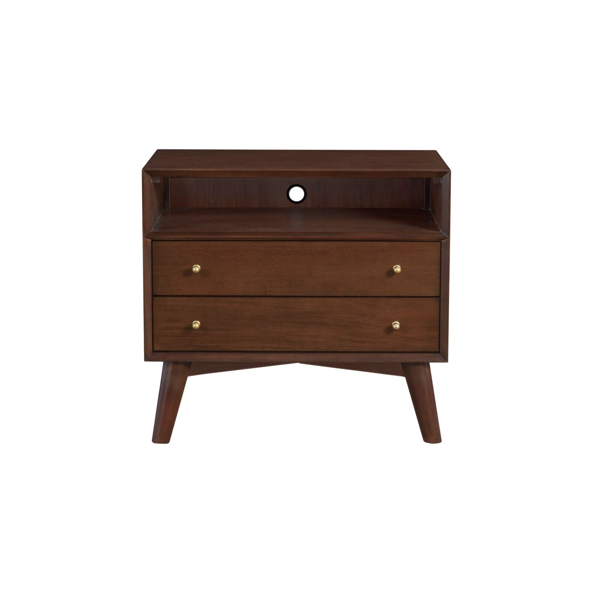 Flynn Large Nightstand in walnut finish with two drawers and splayed legs, showcasing a Mid-Century Modern design.