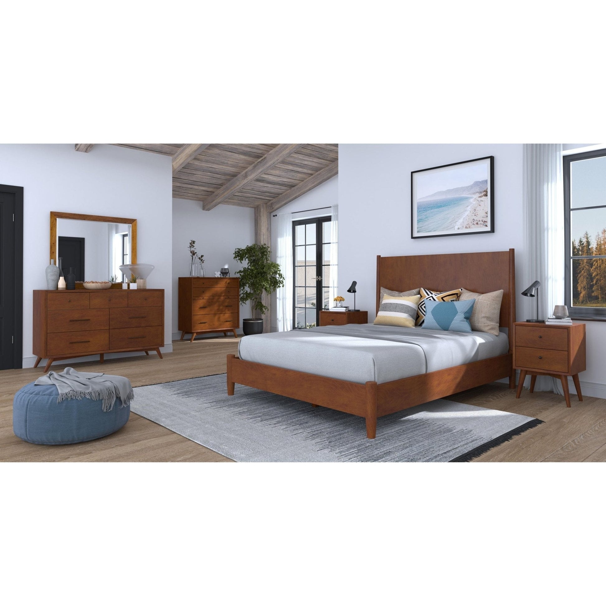 Flynn Mirror, Chestnut showcased in a stylish Mid-Century Modern bedroom setting with matching furniture pieces.