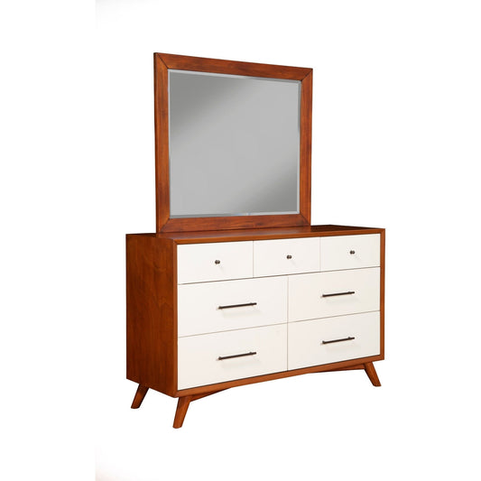 Flynn Mirror in chestnut frame above a stylish dresser featuring Mid-Century Modern design.
