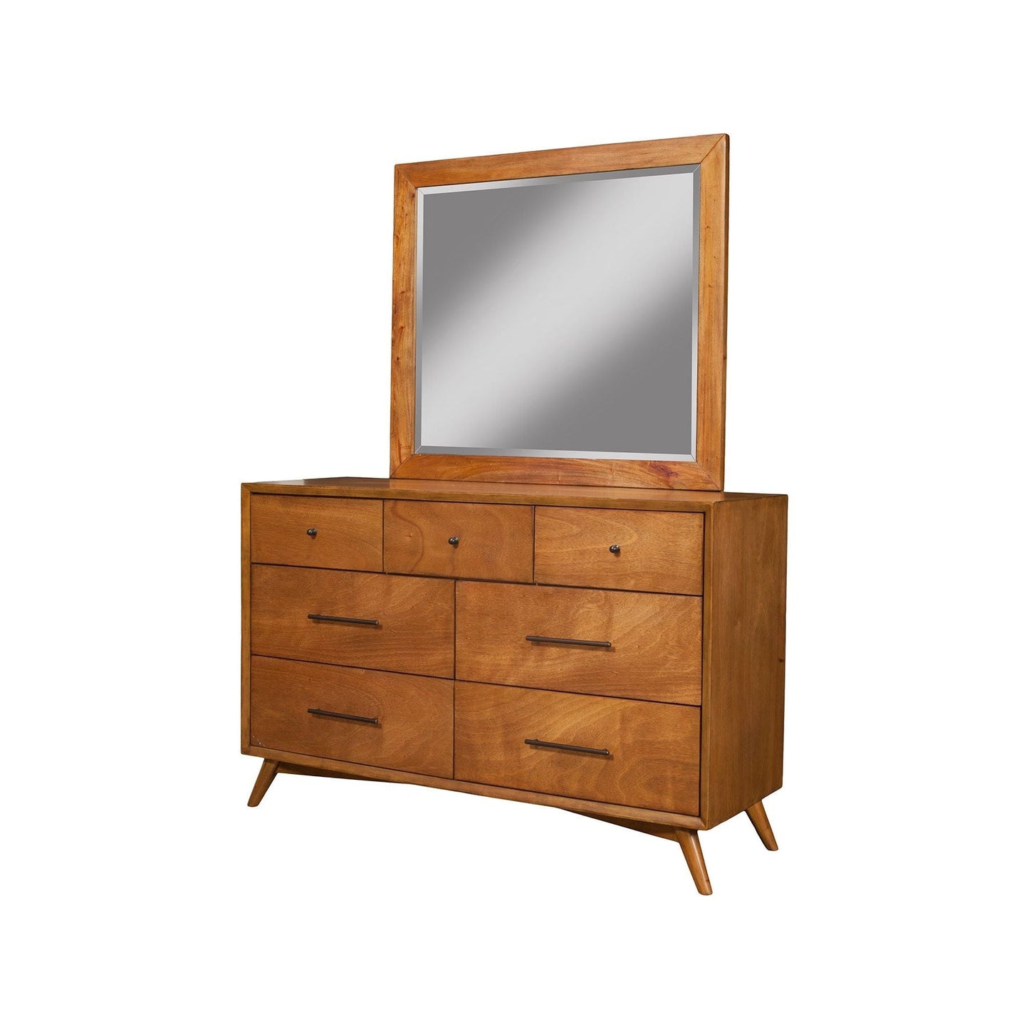 Flynn Mirror, Chestnut displayed above a stylish wooden dresser with modern design and ample storage space.