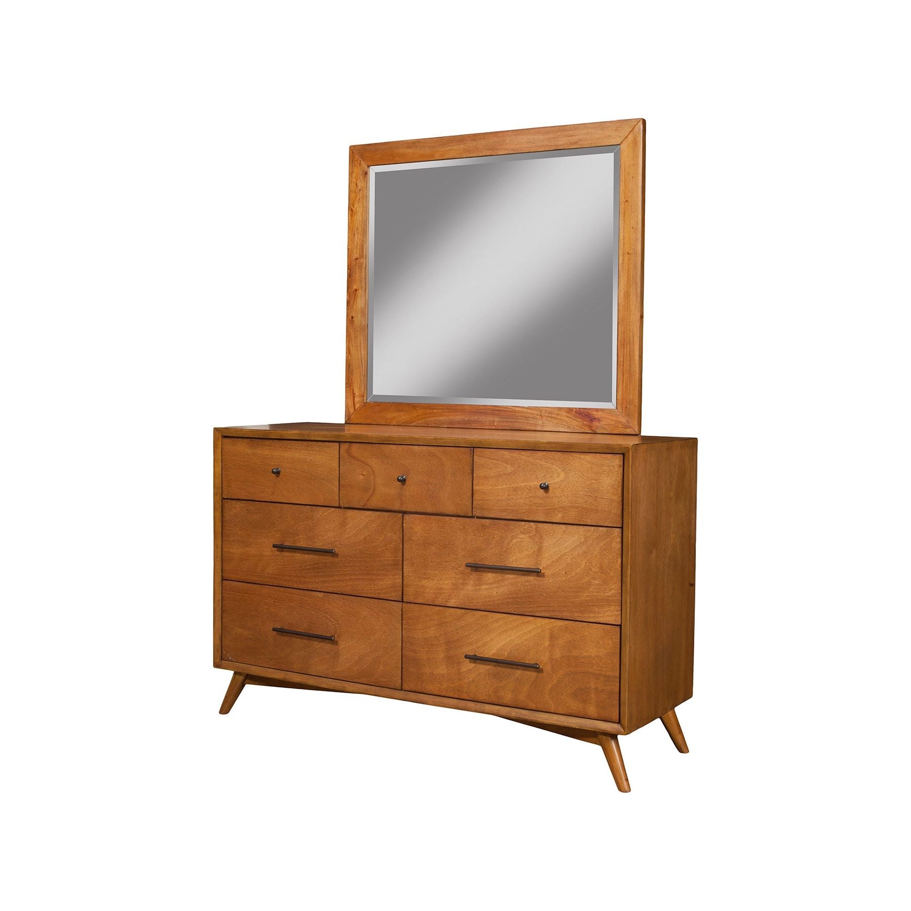 Flynn Mirror, Chestnut displayed above a stylish wooden dresser with modern design and ample storage space.