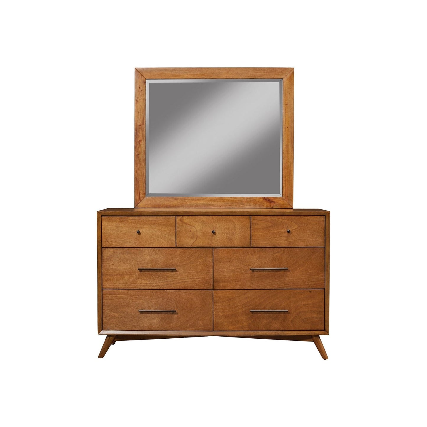 Flynn Mirror in Chestnut finish above a stylish dresser with Mid-Century Modern design.