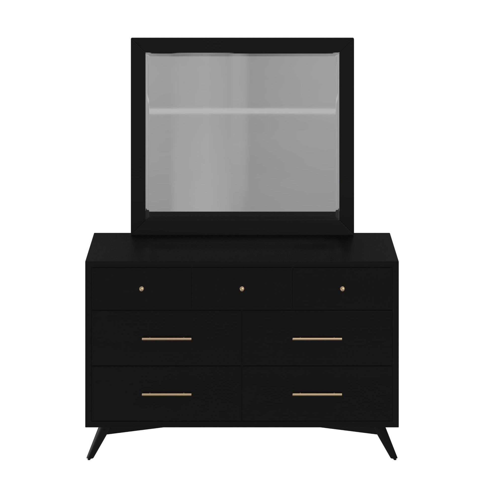 Flynn Mirror displayed on a sleek black dresser with gold accents and minimalistic Mid-Century Modern design.