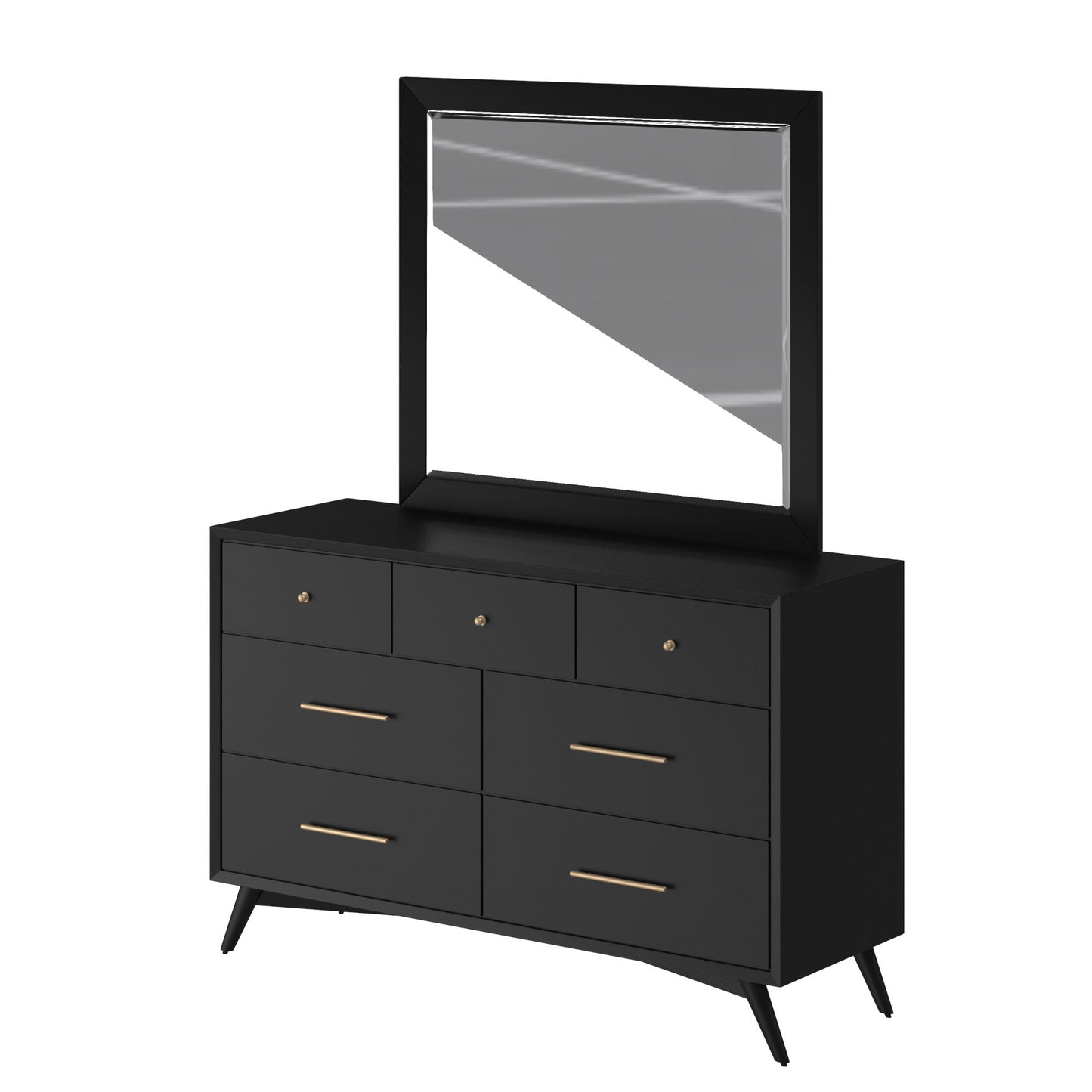 Flynn Mirror above a sleek black dresser, showcasing Mid-Century Modern design and sturdy construction.
