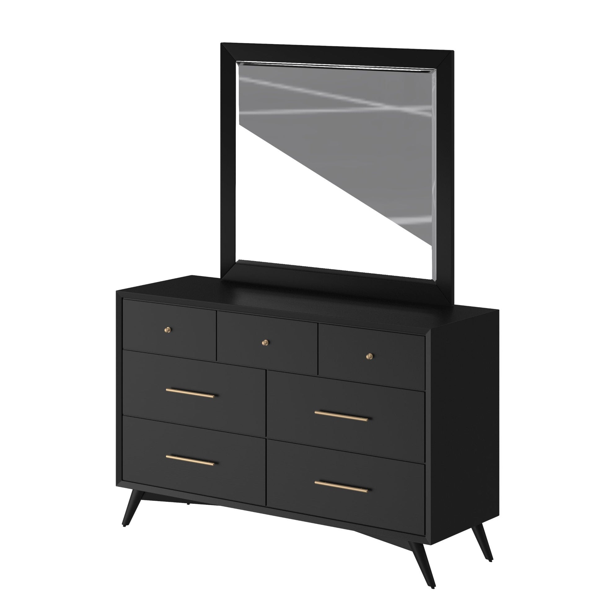 Flynn Mirror above a sleek black dresser, showcasing Mid-Century Modern design and sturdy construction.