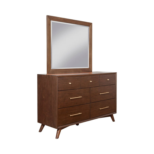 Flynn Mirror displayed above a stylish walnut dresser with six drawers, featuring Mid-Century Modern design.