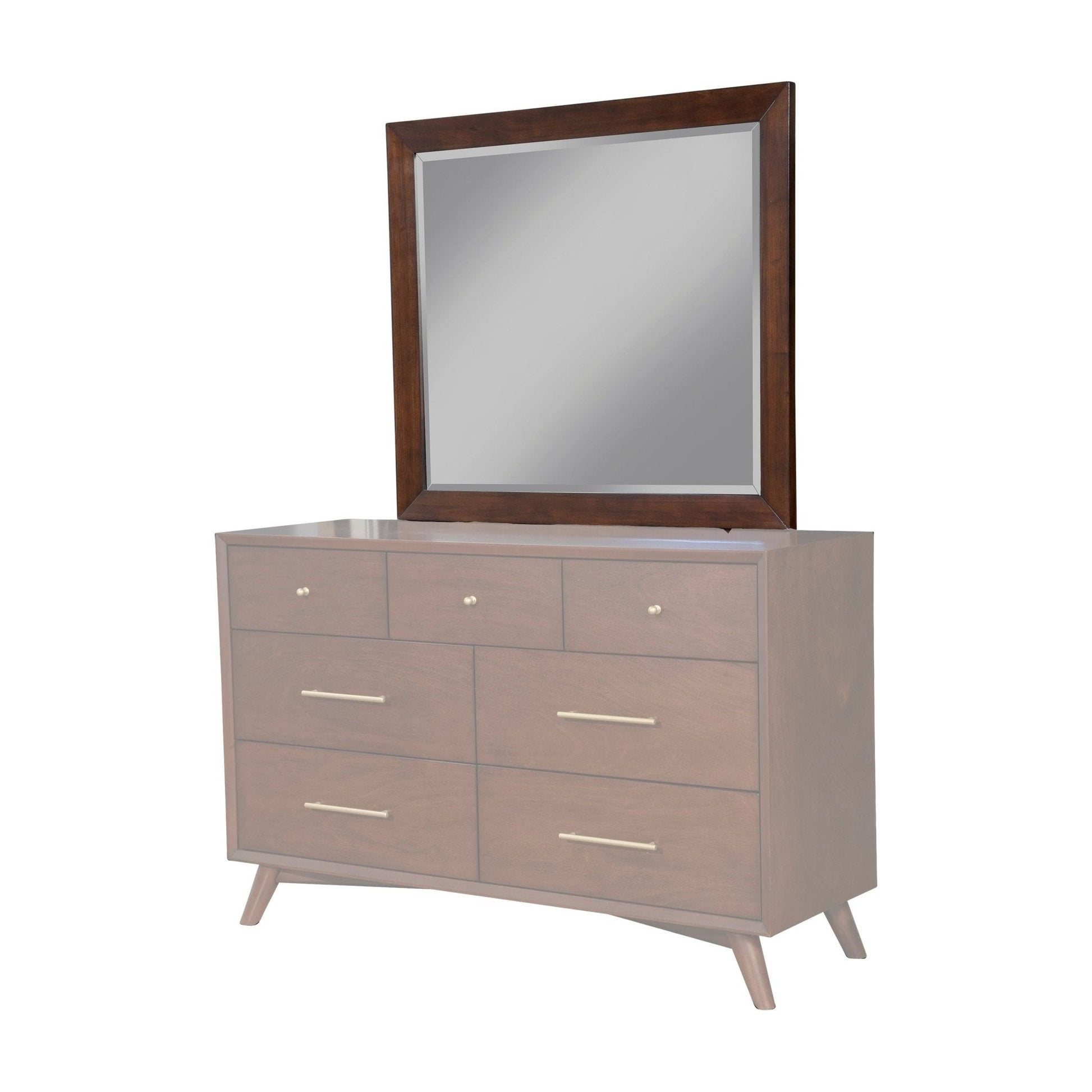 Flynn Mirror, Walnut framed mirror above a stylish Mid-Century Modern dresser with six drawers.
