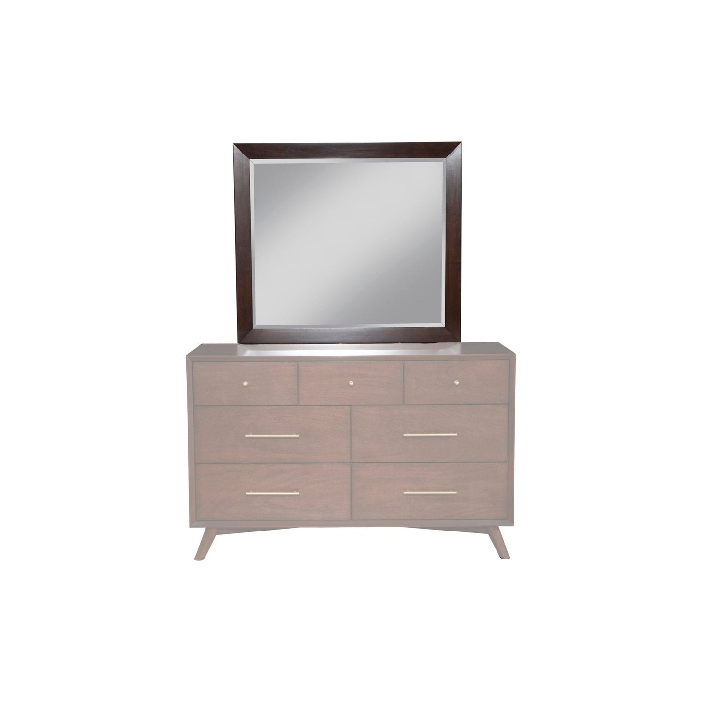 Flynn Mirror above a stylish six-drawer dresser in walnut finish, showcasing Mid-Century Modern design.