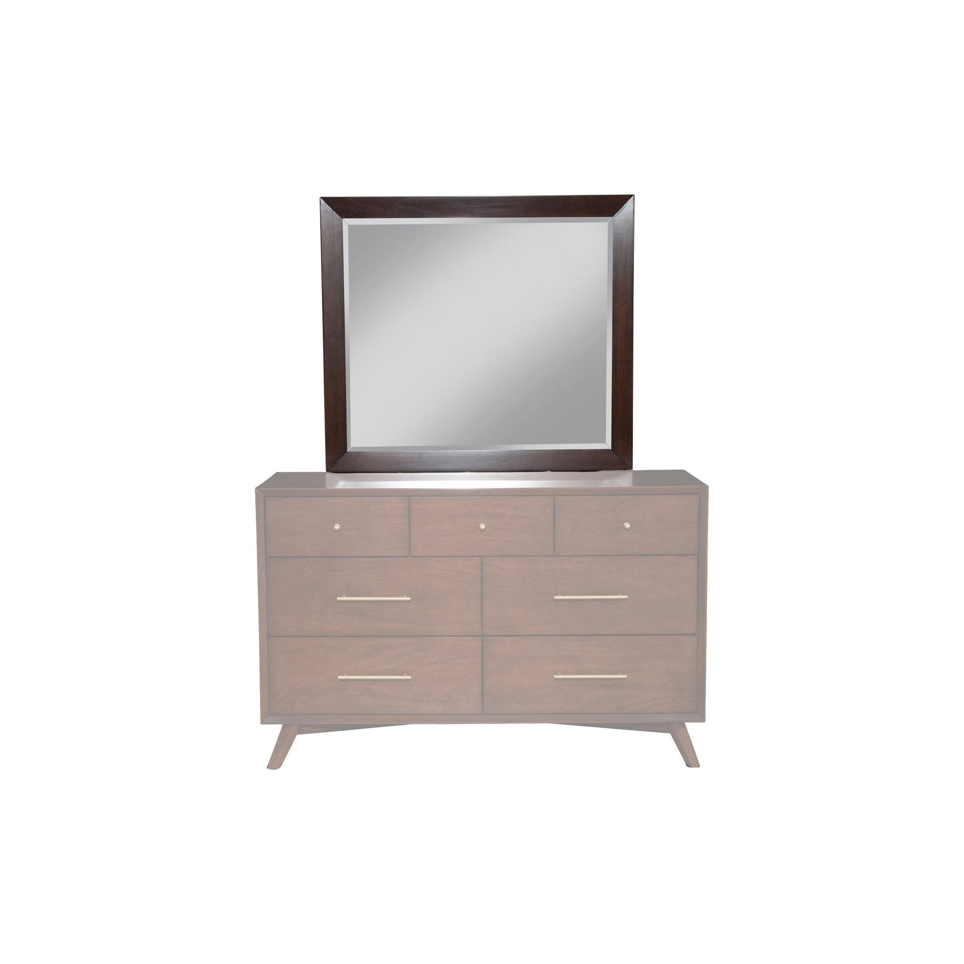 Flynn Mirror above a stylish six-drawer dresser in walnut finish, showcasing Mid-Century Modern design.