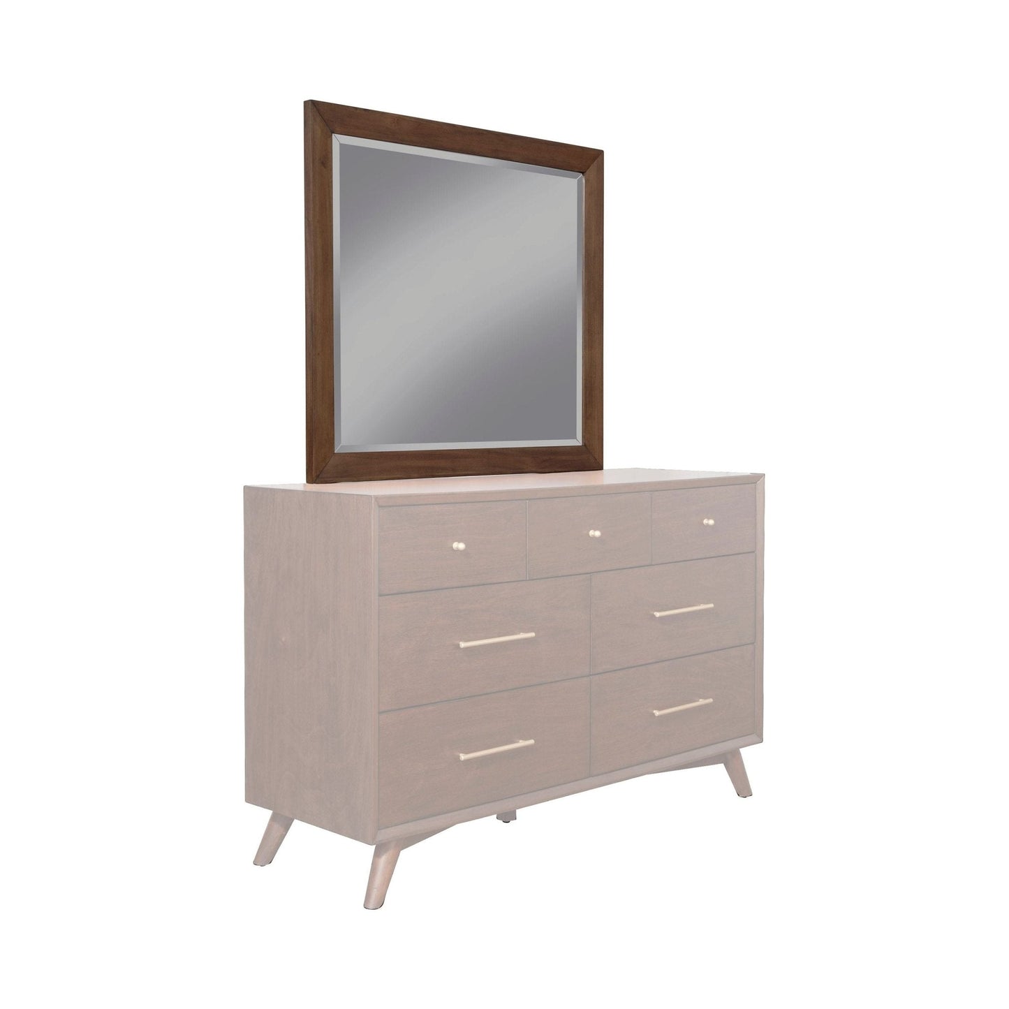 Flynn Mirror in Walnut above a matching dresser with six drawers, showcasing Mid-Century Modern design.