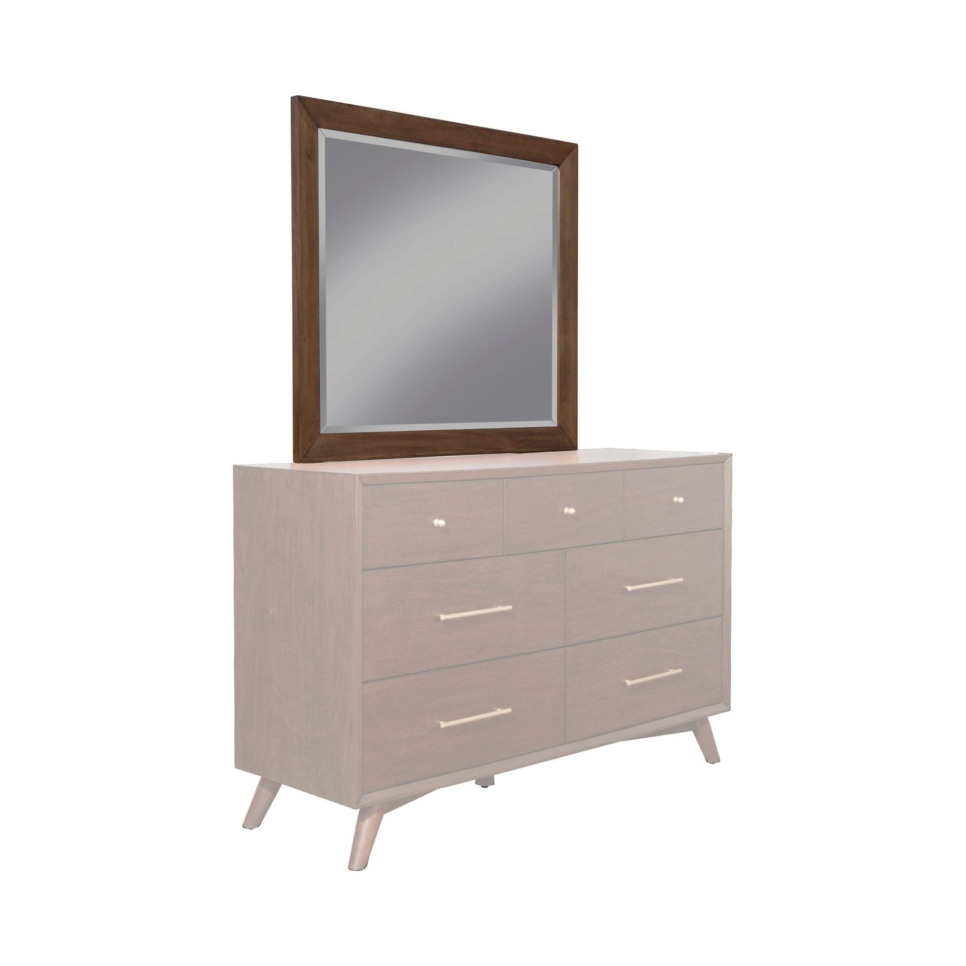 Flynn Mirror in Walnut above a matching dresser with six drawers, showcasing Mid-Century Modern design.