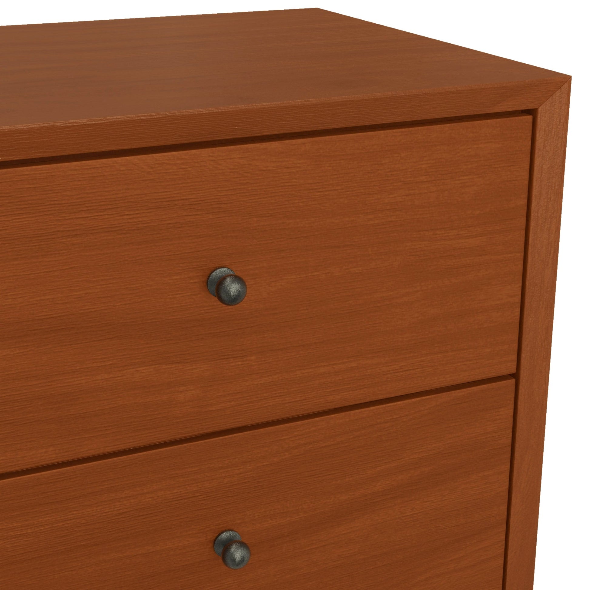 Close-up of Flynn Nightstand, Chestnut finish with two drawers and stylish knobs.