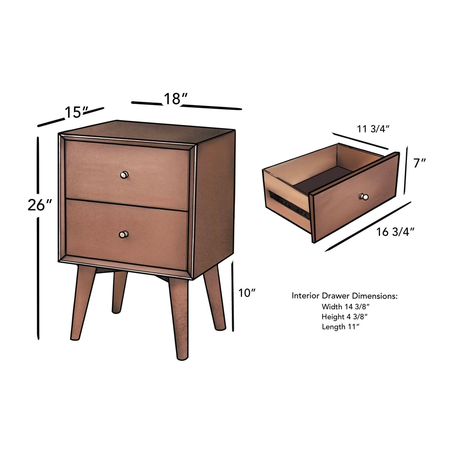 Flynn Nightstand dimensions and design details, showcasing Mid-Century Modern style with two drawers.