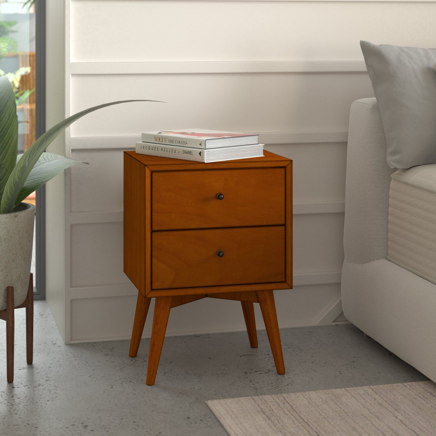 Flynn Nightstand in Chestnut finish with two drawers and Mid-Century Modern design, perfect for bedroom storage.