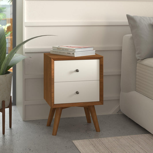 Flynn Nightstand in Chestnut and White with two drawers and decor books on top.