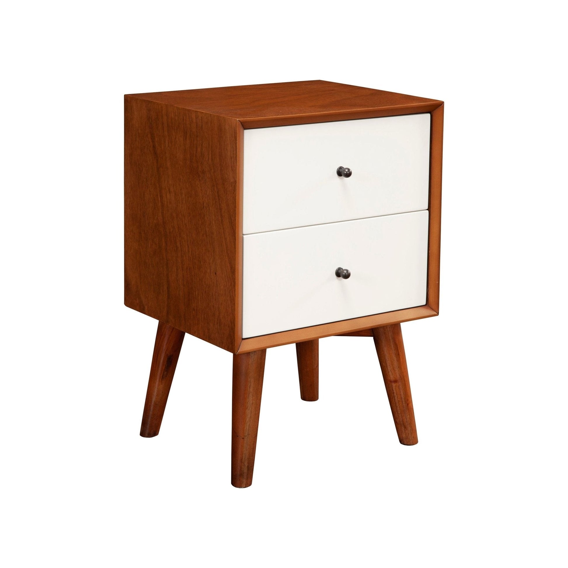 Flynn Nightstand in Chestnut and White with two drawers and Mid-Century Modern design.