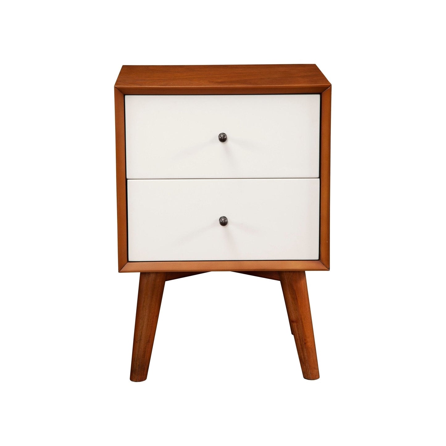 Flynn Nightstand in chestnut and white with two drawers and Mid-Century Modern design.