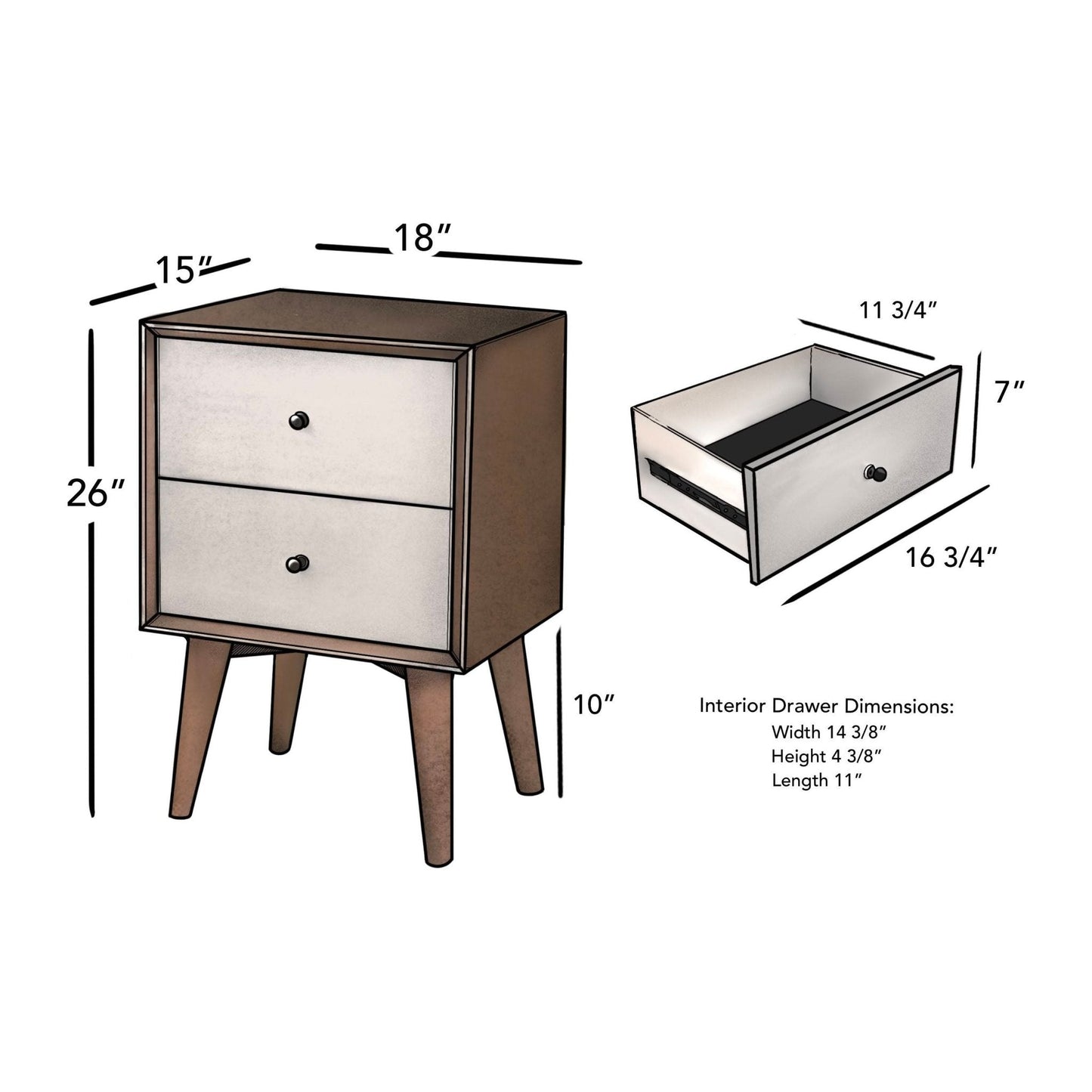 Flynn Nightstand dimensions and design features, showcasing its sturdy build and spacious drawers in chestnut/white finish.