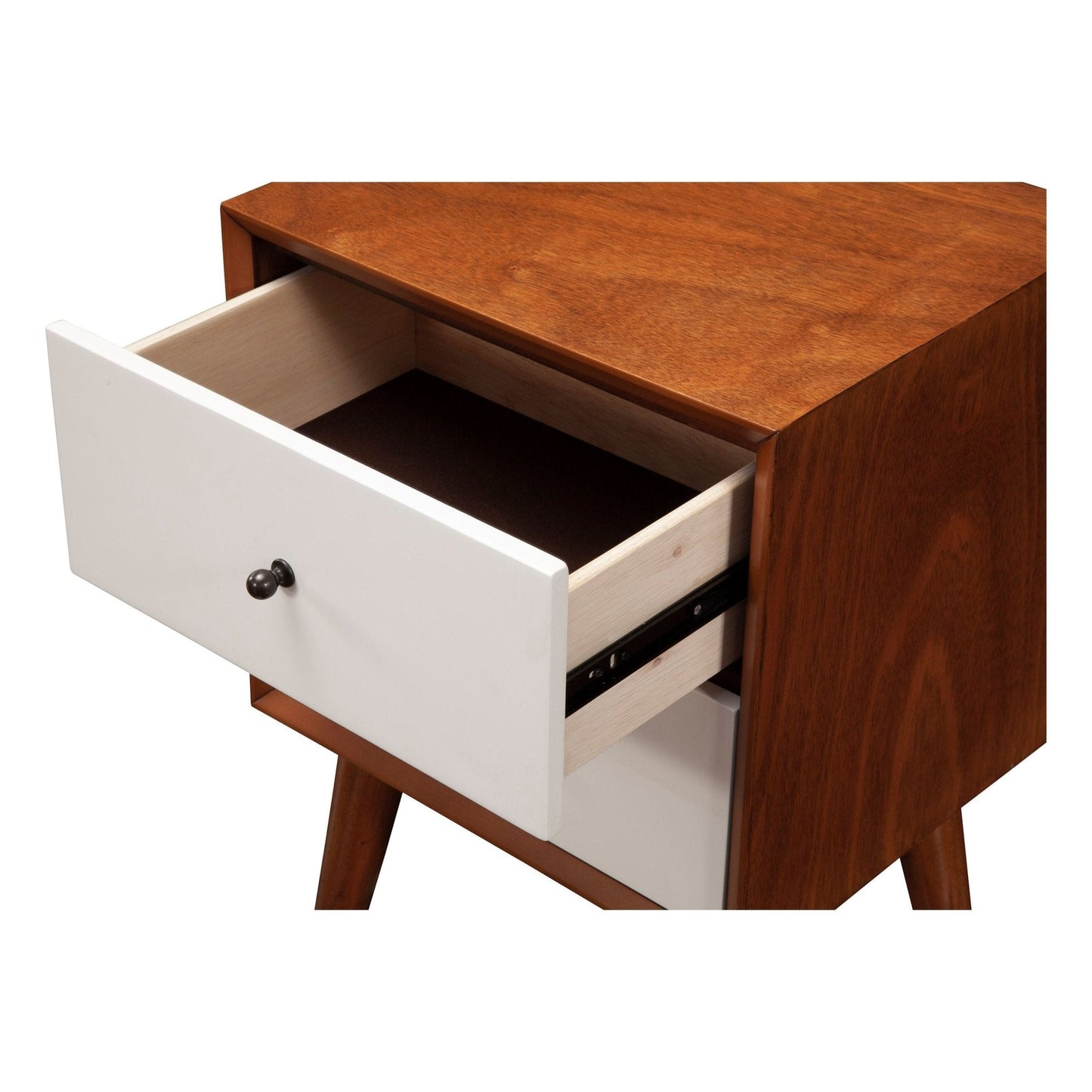 Flynn Nightstand with chestnut finish and white drawer open to showcase spacious storage.