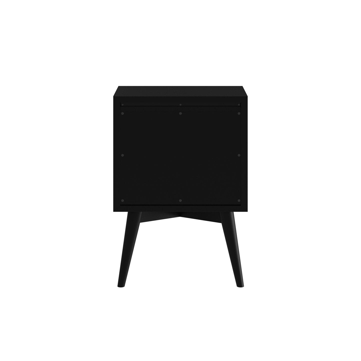 Flynn Nightstand in black design, showcasing sleek Mid-Century Modern style with sturdy legs.