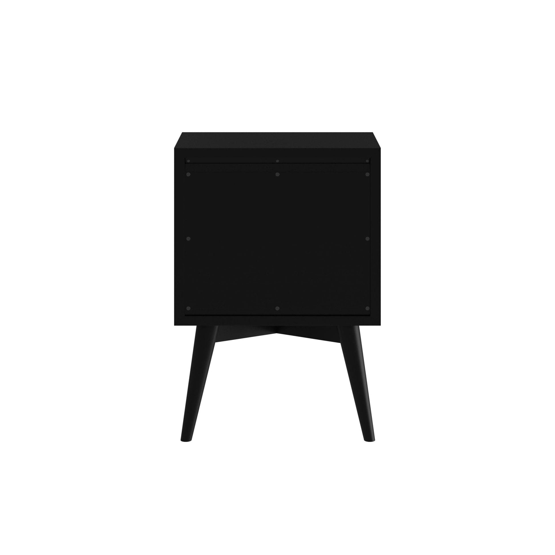 Flynn Nightstand in black design, showcasing sleek Mid-Century Modern style with sturdy legs.