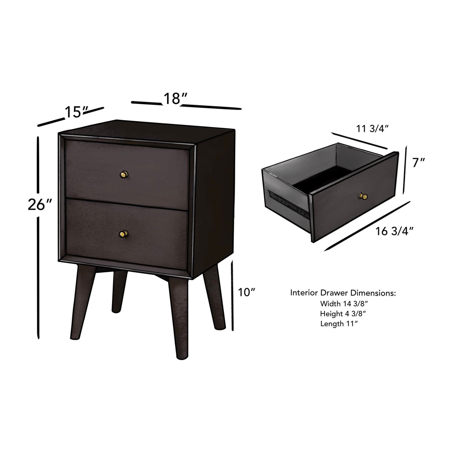 Flynn Nightstand dimensions with two drawers, showcasing a sleek black design and Mid-Century Modern style features.