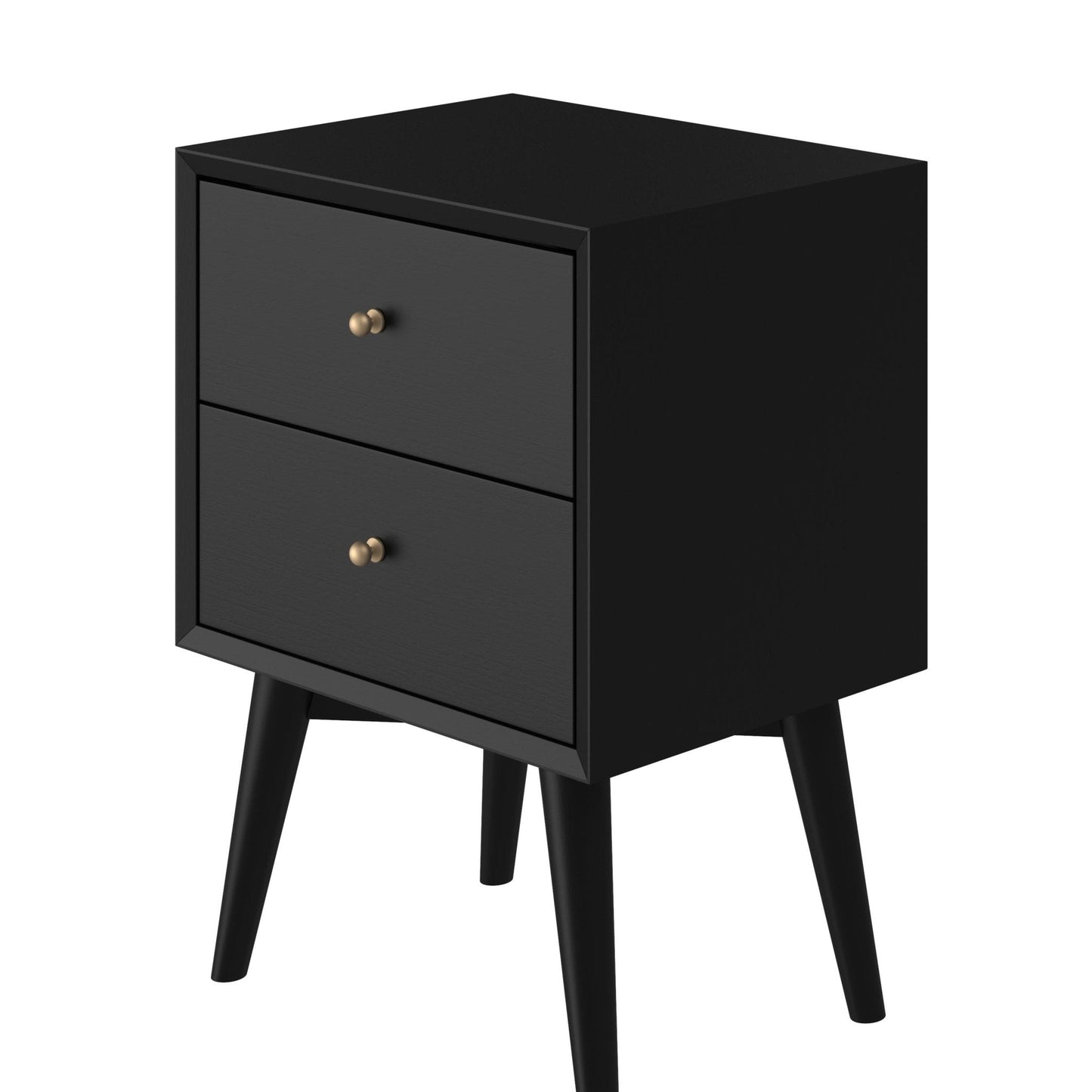 Flynn Nightstand in black with two drawers and stylish gold knobs, showcasing Mid-Century Modern design.