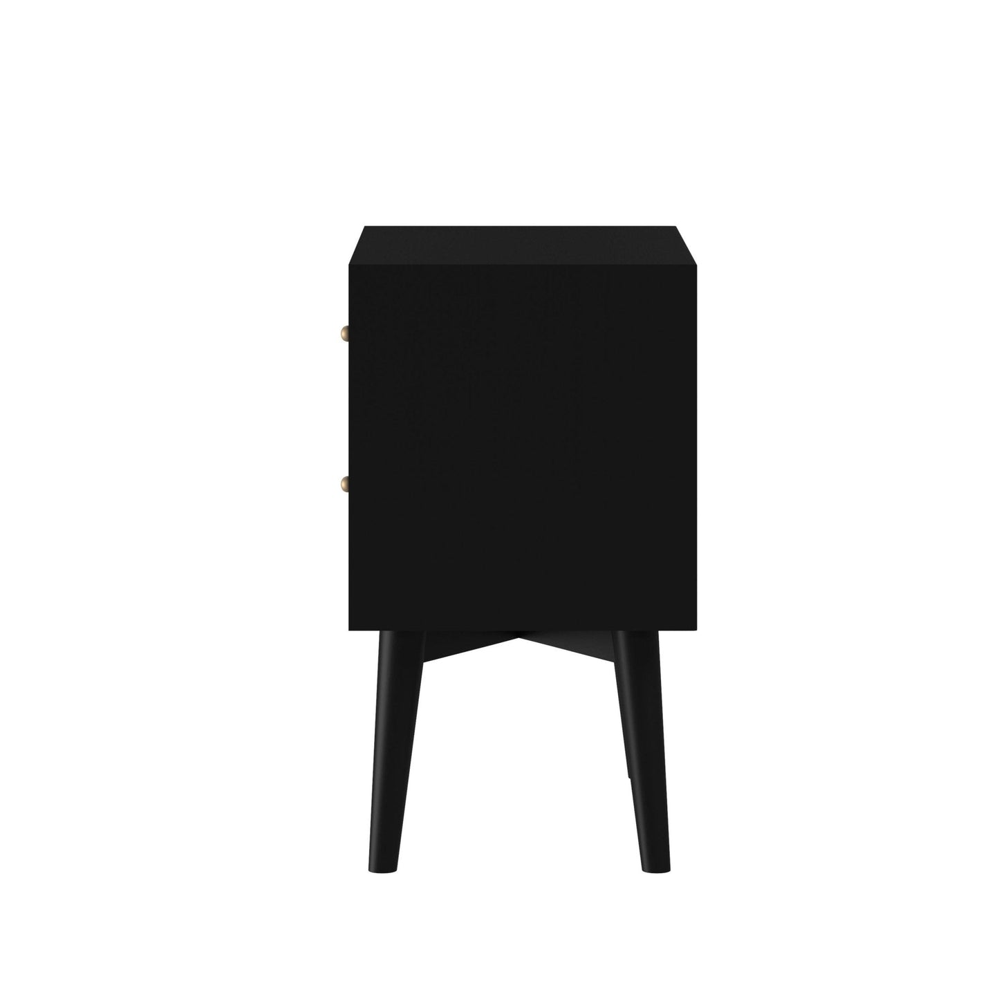 Flynn Nightstand in black with sleek design and sturdy legs, ideal for modern home decor.