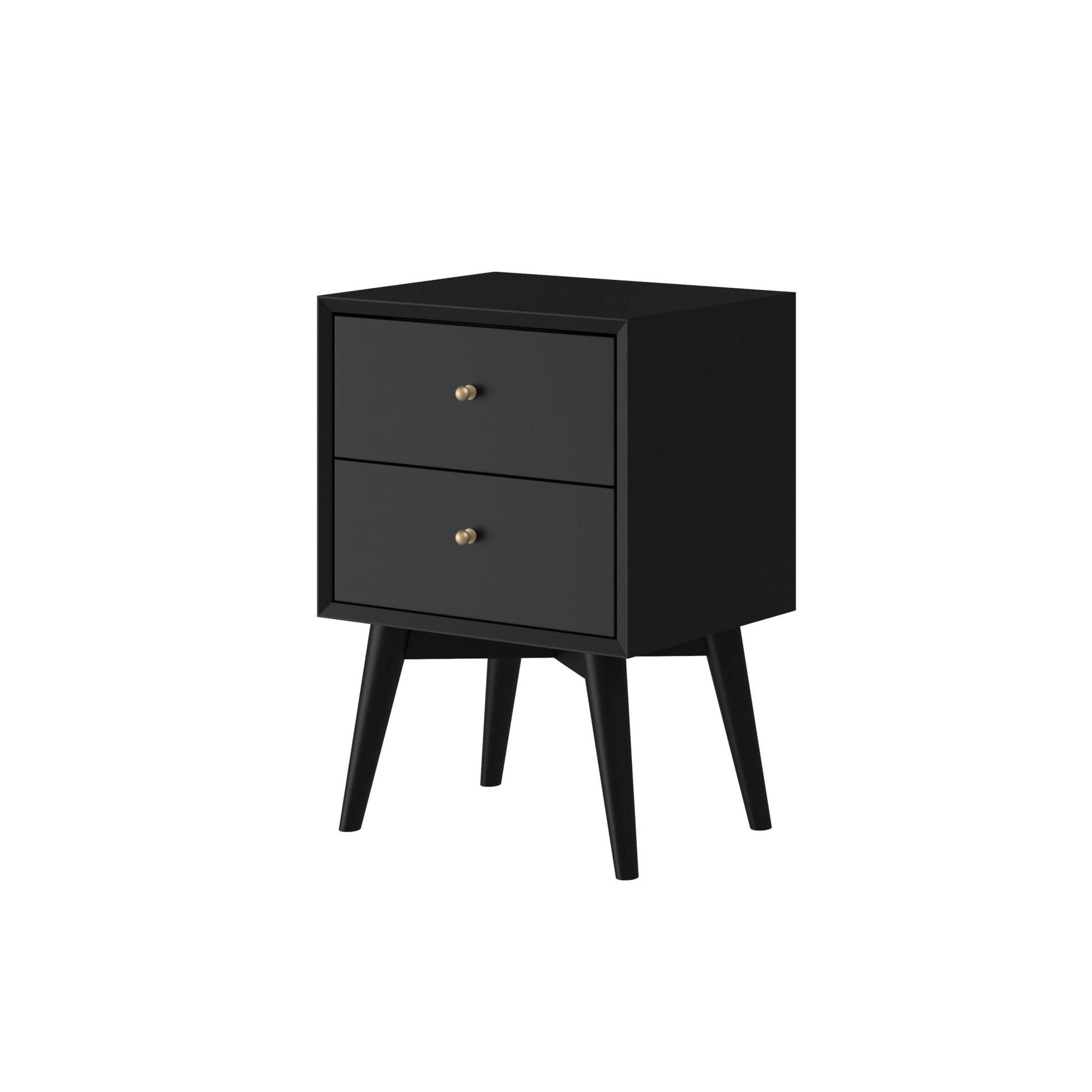 Flynn Nightstand in black with two drawers and Mid-Century Modern design, perfect for stylish storage solutions.