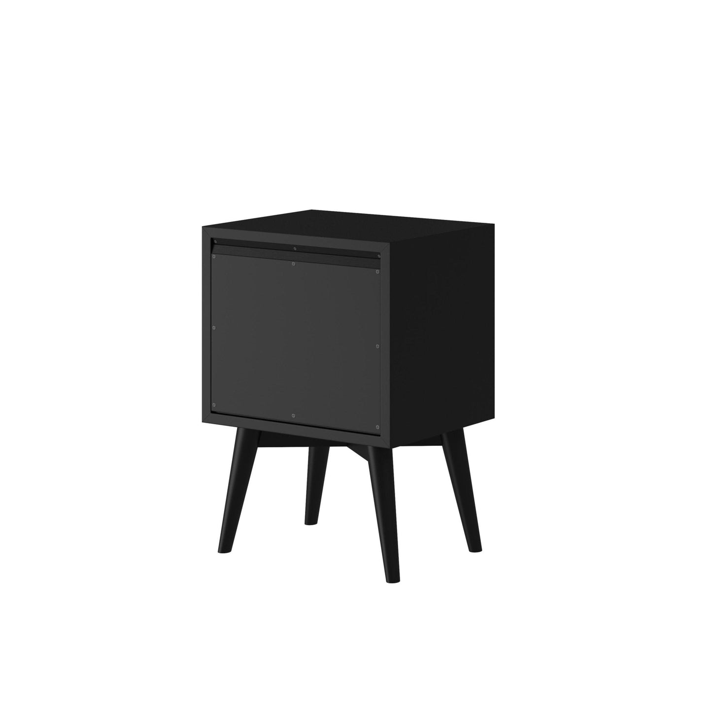 Flynn Nightstand in black featuring a sleek Mid-Century Modern design with sturdy legs and a storage cabinet.